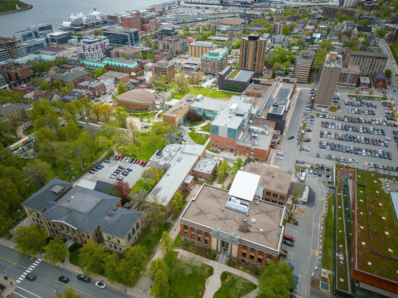 Aerial view of Dalhousie's downtown Sexton Campus with rooftops, green spaces and parking lots.